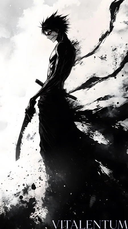 Monochrome swordsman stands in profile amid abstract splashes
