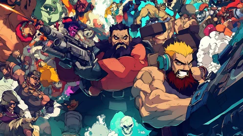 Heavily armed mercenary squad advances in dense comic crossfire