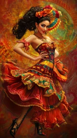 Fiery Latin dancer spins in layered embroidered flamenco dress.