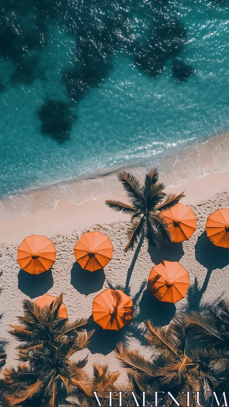 Aerial beach view with palm trees and bright orange umbrellas.