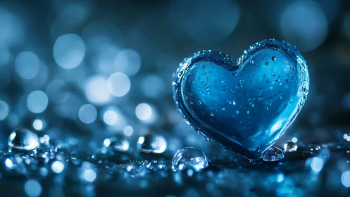 Blue glass heart with water droplets on reflective surface.