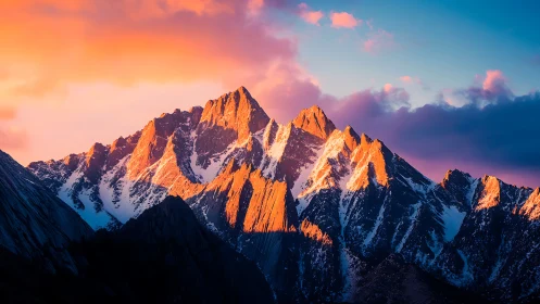 Sunlit alpine ridge under vivid magenta twilight sky.