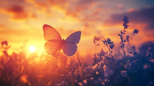 Butterfly in a Meadow at Sunset in Soft, Dreamy Style.