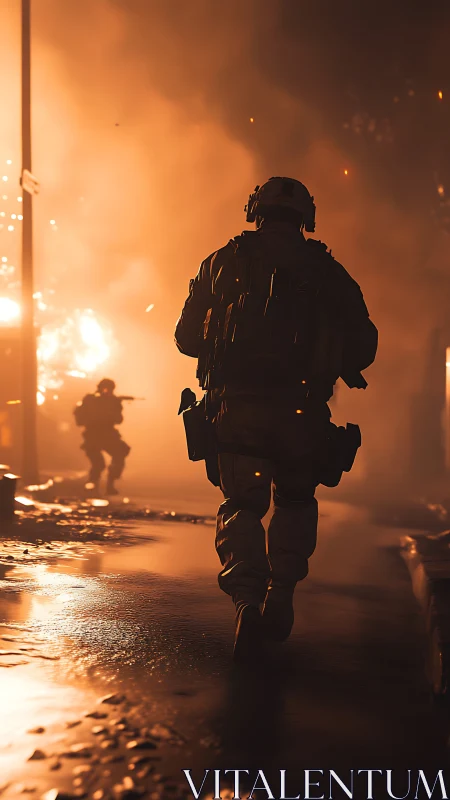 Soldier running through urban fire and smoke at night