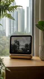 Quiet tablet window rewrites city skyline into calm forest