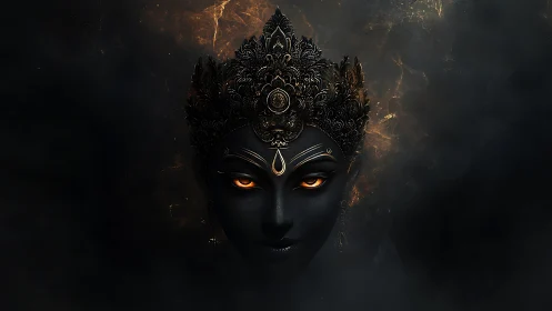 Mystic dark goddess emerging with ember-bright eyes.