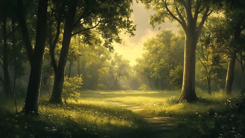 Forest landscape with sunlit clearing and distant trees