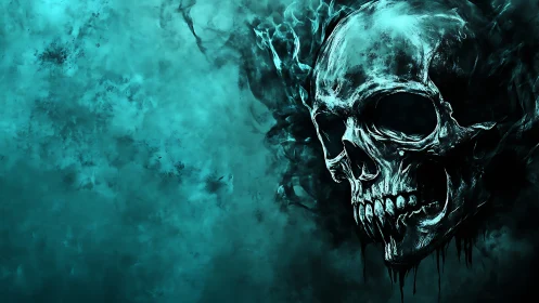 Teal smoke skull illustration with dark atmospheric background.