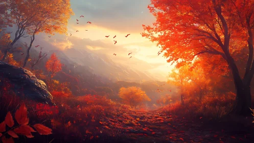 Radiant autumn valley with volumetric light and foliage dynamics.