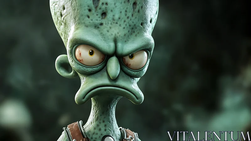 Grimacing green alien rendered in high-detail 3D character art