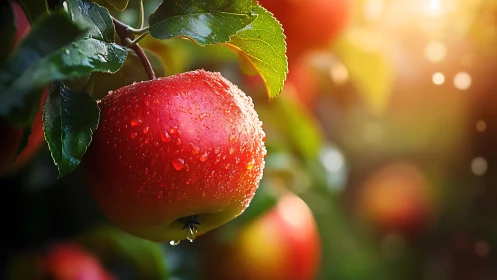 Sunlit red apple sparkling with fresh morning dew.