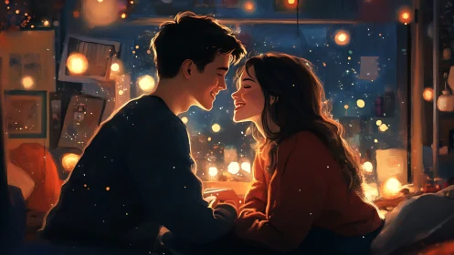 Couple gazing at city lights from window at night
