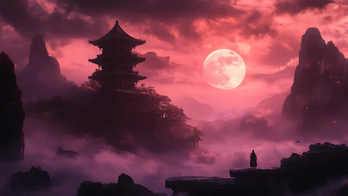 Digital painting of misty moonlit pagoda with lone figure silhouettes.