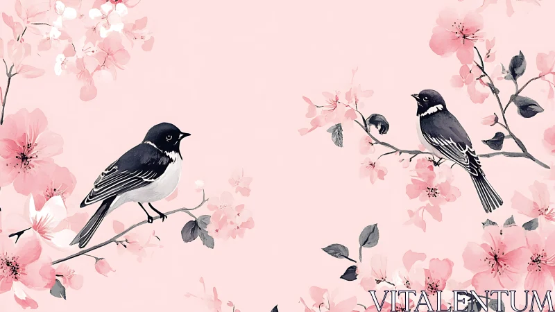 Black Birds Among Pink Blossoms in Serene Floral Garden