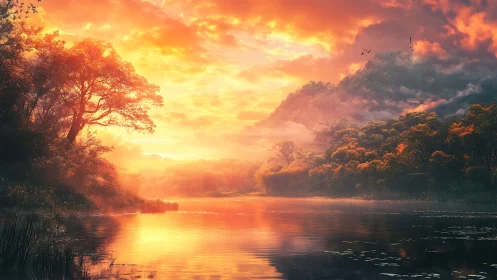 Radiant sunset over misted forest lake with reflective water