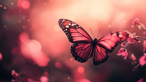 Graceful pink butterfly glows in dreamy sunset bokeh