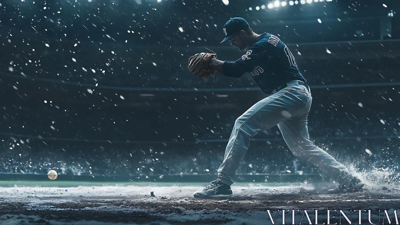 Icy baseball moment captures a determined pitcher in motion