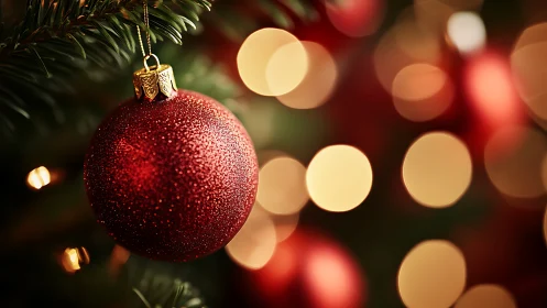 Red ornament on evergreen branch with defocused lights.