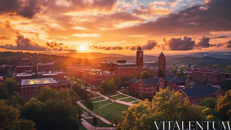 Sunlit collegiate campus skyline under dramatic sunset sky.