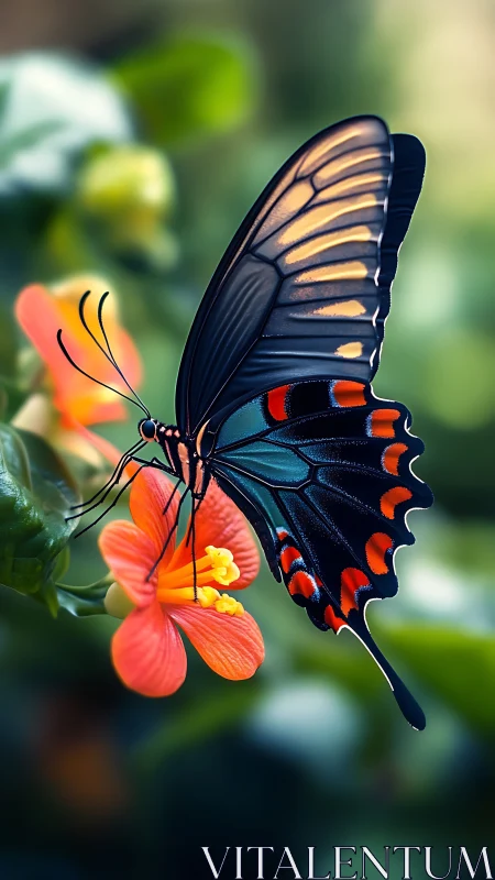 Vibrant black butterfly on orange flower in soft bokeh garden.
