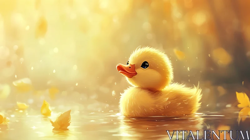 Duckling floating on warm golden water at sunset.