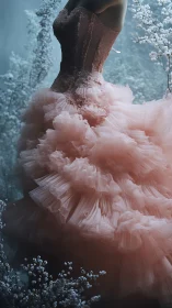 Strapless blush tulle ballgown amid misty flowering branches