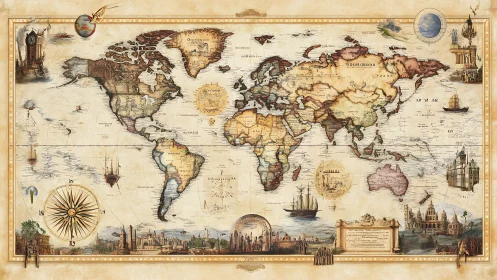 Vintage world map illustration with ornate nautical details.