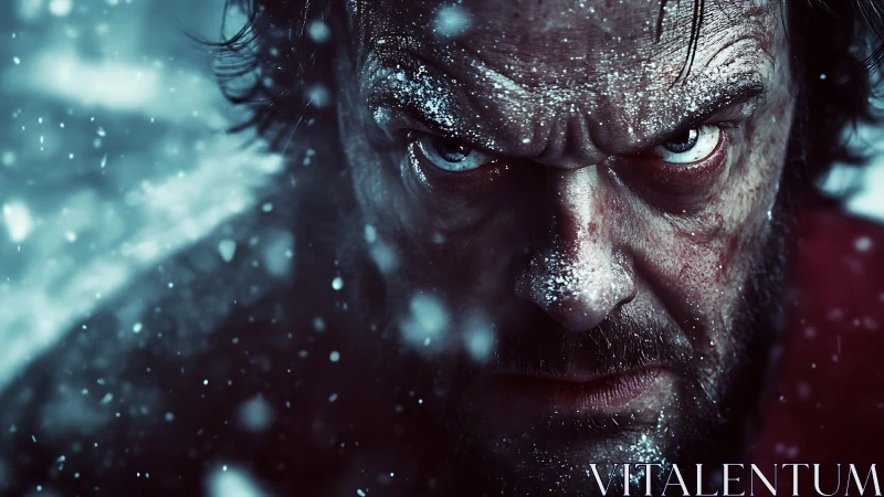 Intense snowbound close-up isolates a frostbitten male face