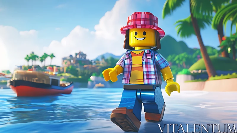 Smiling Lego traveler enjoying a sunny, laid‑back beach day.