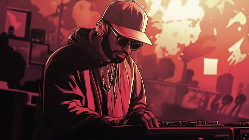 Urban DJ commands neon-lit decks in dramatic red glow.