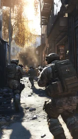Military squad advances through damaged urban alleyway.