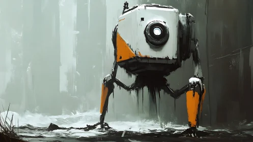 Tripod surveillance mech framed in desaturated industrial fog