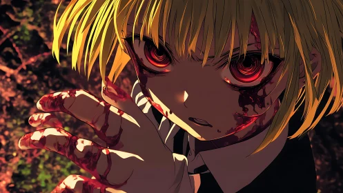 Bloodstained anime combatant with glowing red spiral eyes