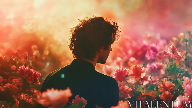 Solitary figure contemplates sunset light amid vivid blossoms