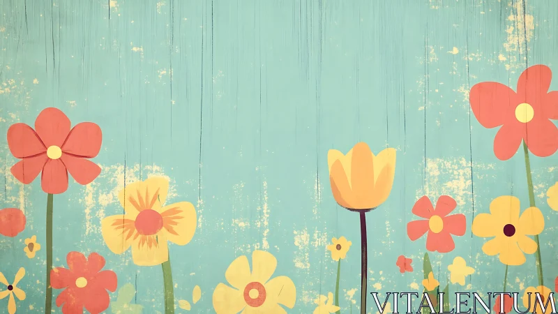 Painted Flowers on Weathered Turquoise Wood Surface.