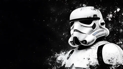 Stormtrooper armor portrait against dark splattered background.