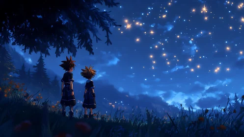 Twin observers under procedurally luminous starfield sky.