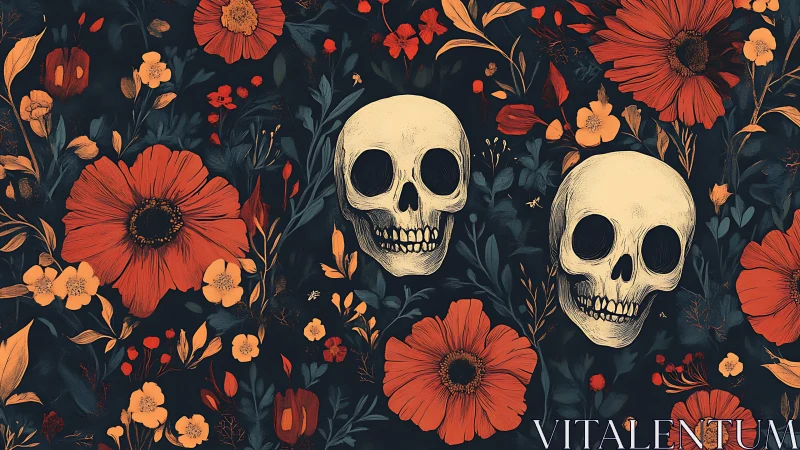 Skulls entwined with vivid florals on midnight ground.