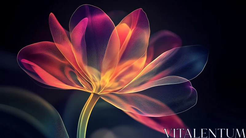 Translucent multicolor digital flower glows on dark space