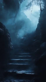 Fog shrouded stone staircase ascends through a dark ravine