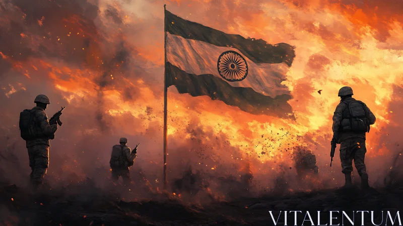 Indian soldiers silhouette under blazing tricolor war sky.