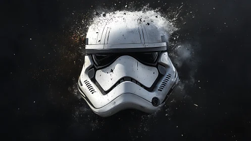 Shattered sci-fi helmet erupts from darkness in cosmic dust.