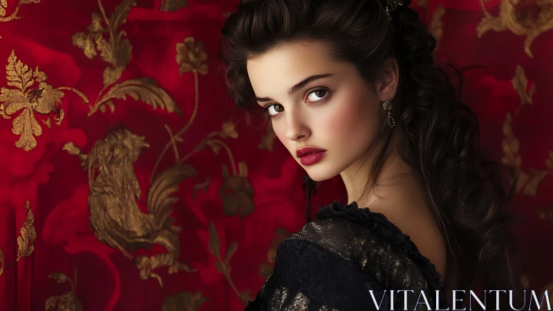 Baroque-inspired brunette portrait against crimson brocade.