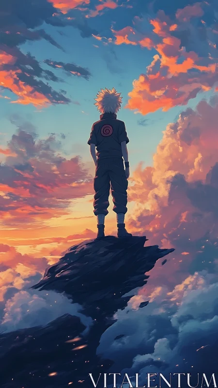 Solitary anime warrior gazes across a blazing sunset sky.
