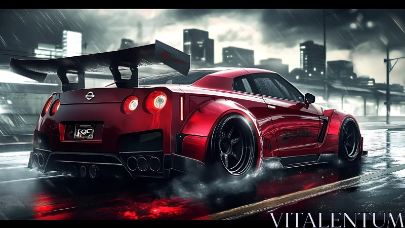 Widebody Nissan GT-R rendered in rain-soaked urban night