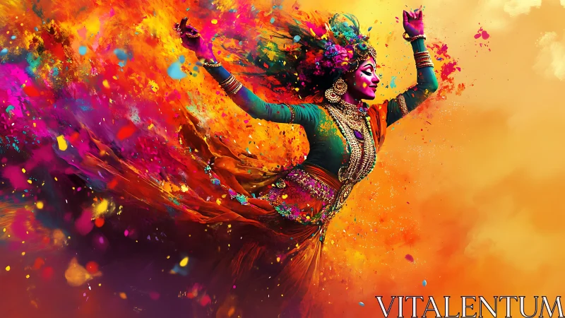 Joyful dancer bursts through swirling clouds of festival color