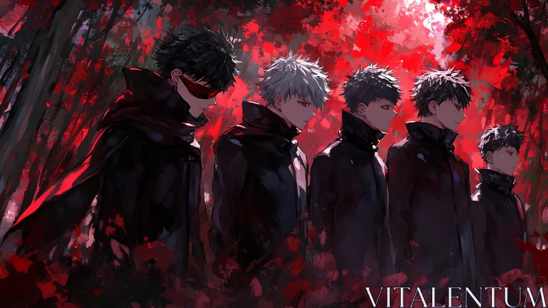 Dark coated figures aligned in red forest setting.