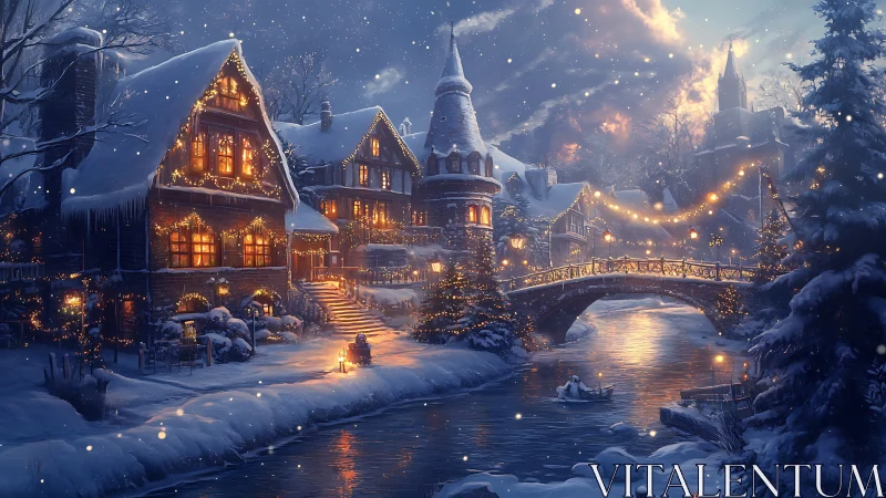Snowlit riverside village glowing with cozy winter magic.