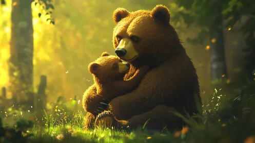 Mother bear gently embraces her cub in golden forest light