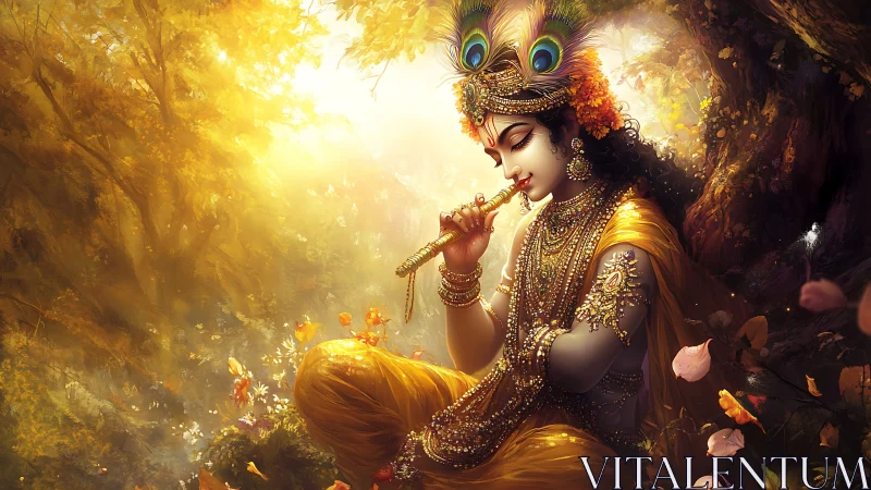 Golden forest serenade with a serene flute player.